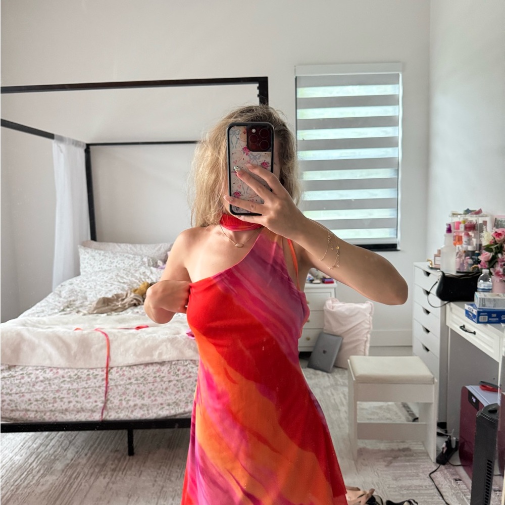 SHEIN One-Shoulder Tie-Dye Chemise in Red and Pink